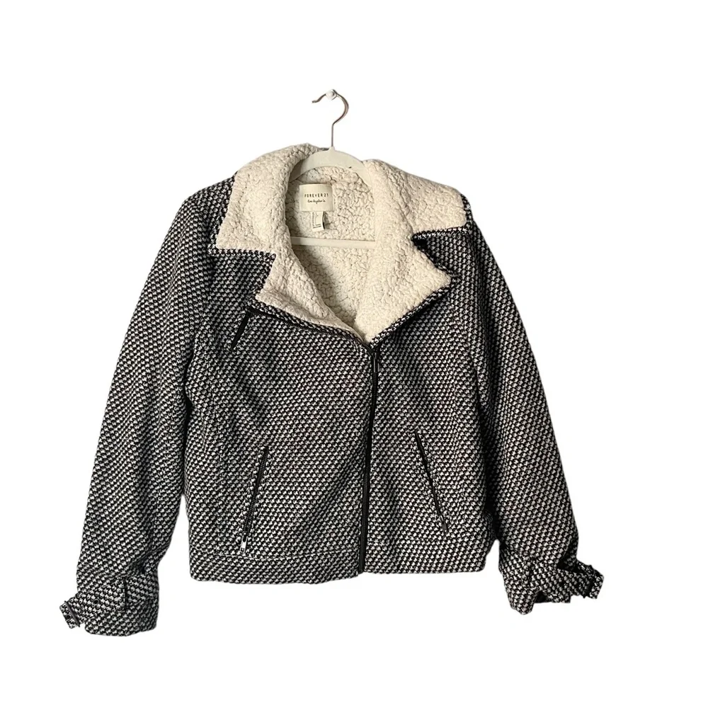 Forever 21 Sherpa Lined Houndstooth Patterned Wool Blend Zip Up Jacket Coat Lg - Picture 2 of 8